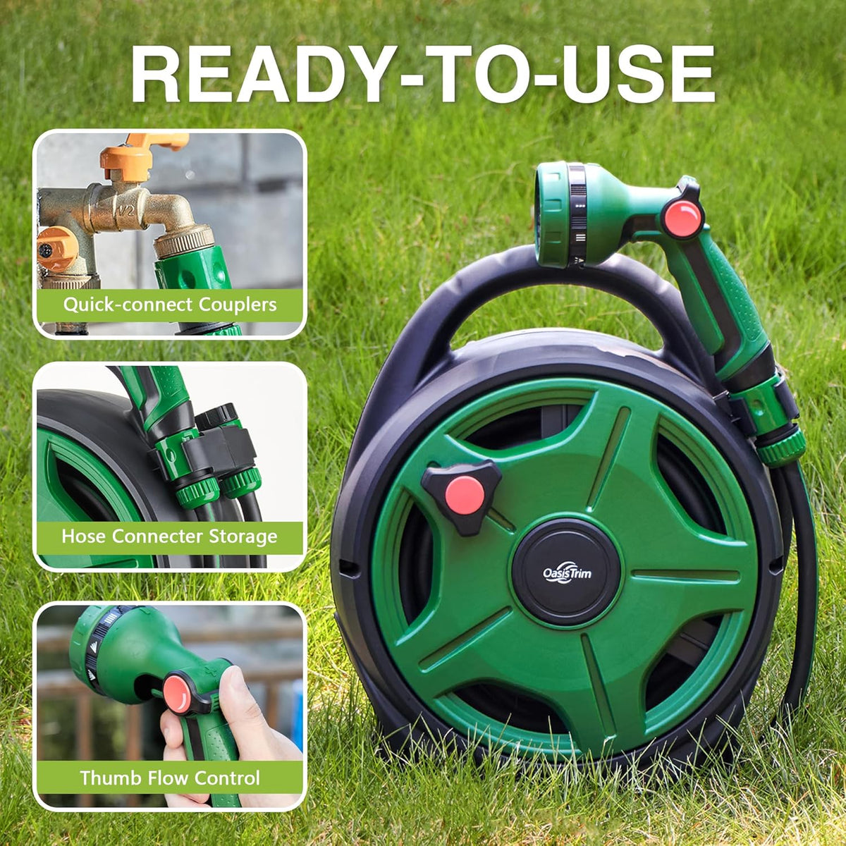 1/2" x 50FT Retractable Garden Hose Reel,With 10 Patterns Spray Nozzle,Portable Heavy Duty Garden Hose Holder for Garden Watering,Car & Patio Washing,Pet Cleaning(Green)