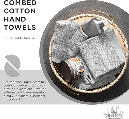 100% Cotton Hand Towel Set of 2, (16 x 28 inches) Sustainable, Soft, Highly Absorbent, Quick Drying, Combed Cotton Hand Towels Pack of 2 Ideal for Hotels, Spa, Bathroom, Dorm, Silver