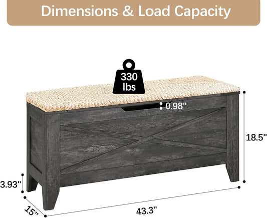 VECELO 43.3" Storage Bench with Handwoven Wicker Cushion, Lift Top Shoe Bench with Safety Hinges, Ideal for Entryway, Bedroom, Living Room, Gray