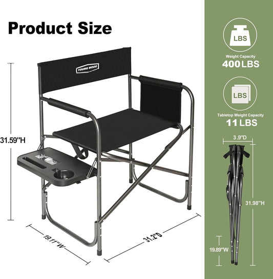 YOUNG WOOD Camping Directors Chair, Lightweight Oversized Portable Folding Chair with Side Table and Storage Pockets for Outdoor Camping, Lawn, Picnic and Fishing, Supports 400lbs (Black)