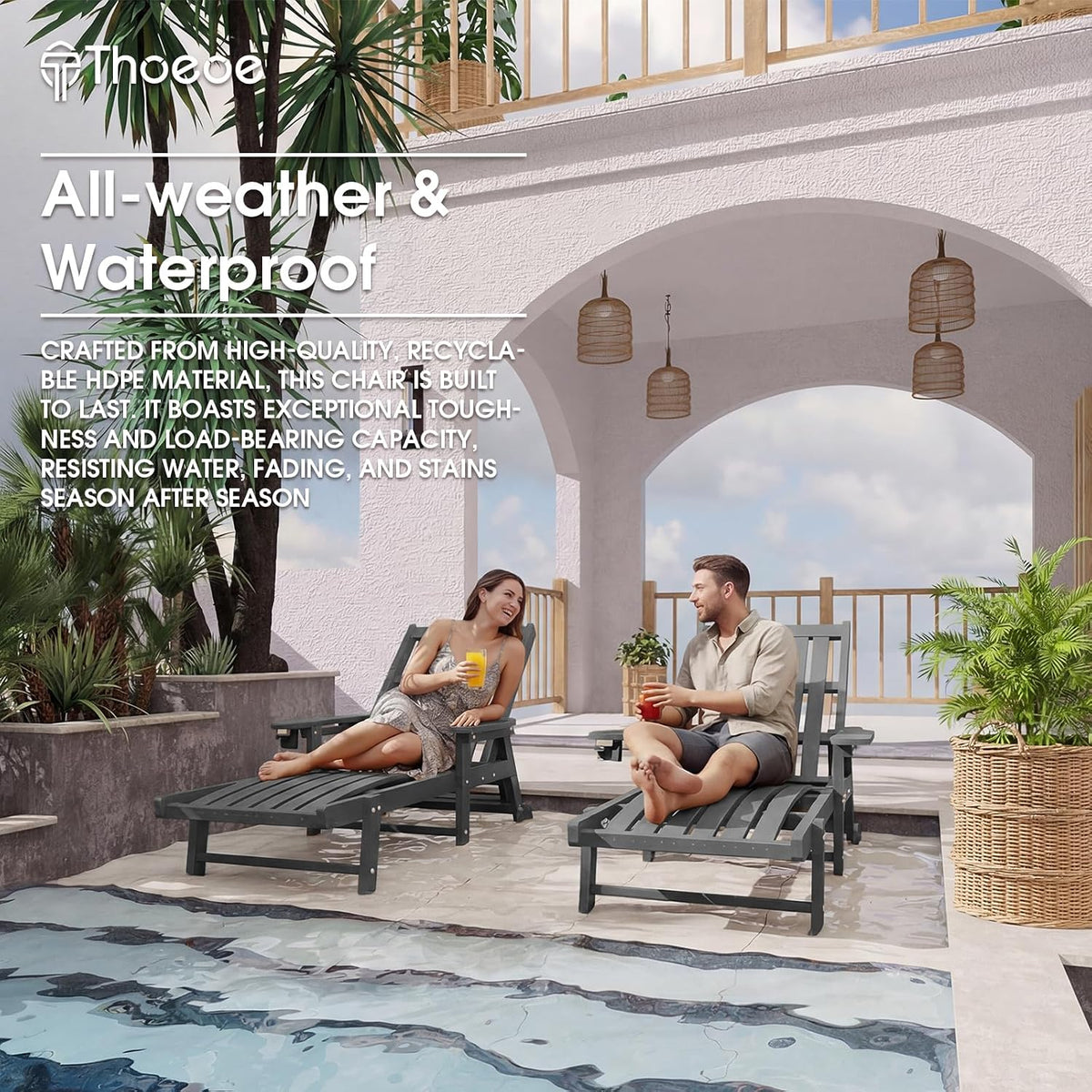 THOEOE Patio Chaise Lounge Chair,HDPE Lounge Chair Outdoor with Wheels | Oversized pool lounge chairs with cup holder, 5 adjustable position for patio,outside,pool,deck