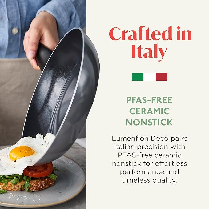 Deco 11” Nonstick Frying Pan Skillet, Made in Italy, Diamond Ceramic PFAS-Free, Dishwasher & Metal Utensil Safe, Durable Gloss Enamel Finish, Stay-Cool Handle, High Walls-Extra Room, Gray