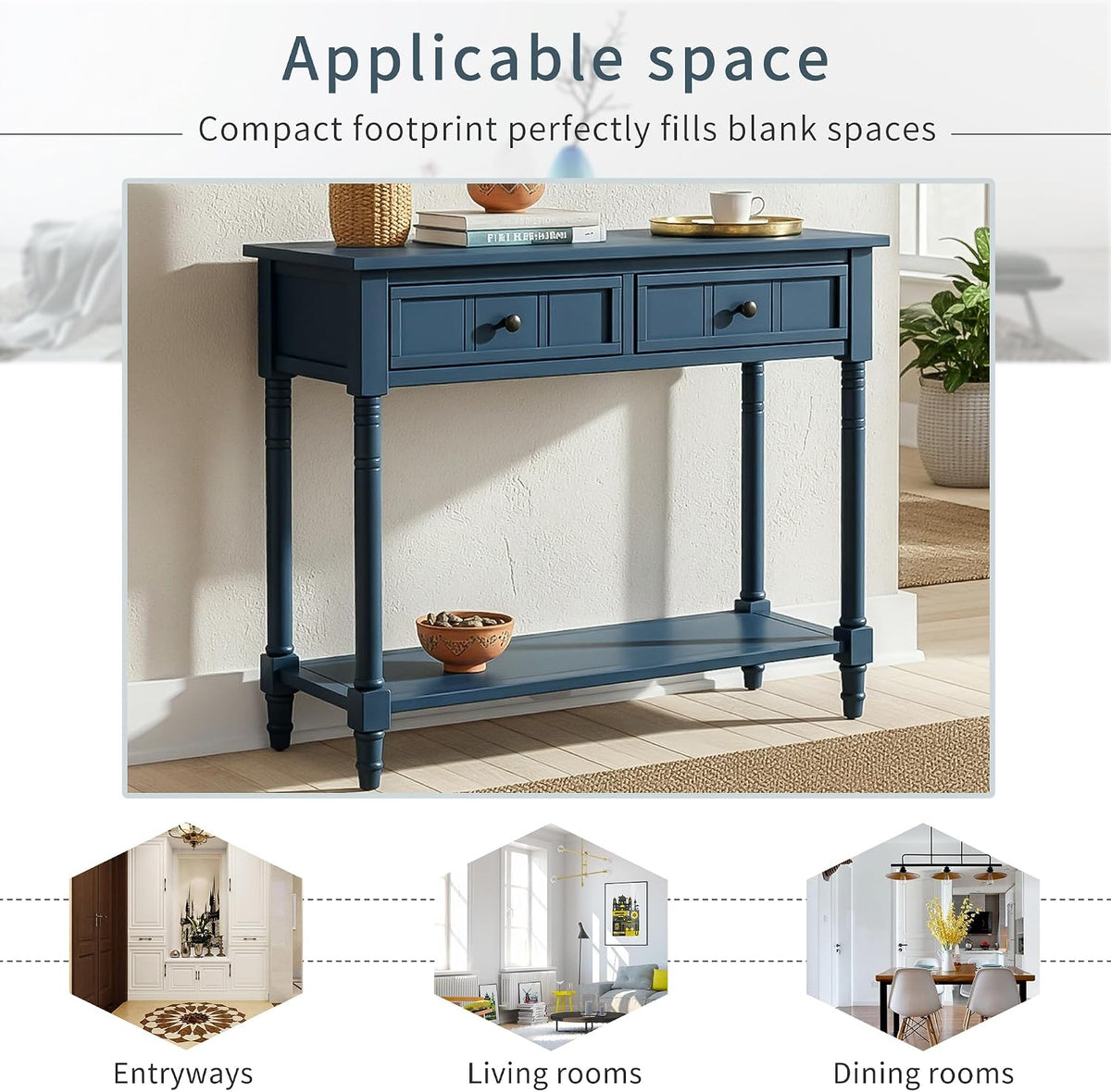 Merax Long Narrow Entryway Console Table with Storage Drawers and Bottom Shelf Dark Navy