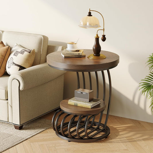 LITTLE TREE Round Side Table, Wood End Table with 2-Tier Storage Shelf, Accent Coffee Table, Curved Metal Frame End Table for Small Spaces, Living Room, Bedroom, Light Brown + Black