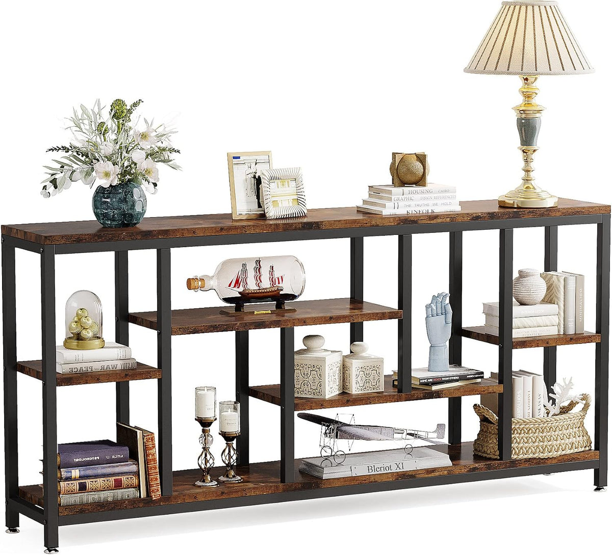 Tribesigns Console Sofa Table, 70.9 inch Extra Long Table Behind Couch with Storage Shelves, 3-Tier Industrial Narrow Entryway Hallway Accent Table for Living Room, Rustic Brown