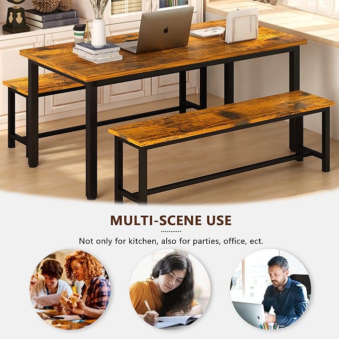 Lamerge Kitchen Table Set with 2 Benches 4 Person Dining Room Table Set for Home Kitchen, Dining Room, Restaurant, Space Saving, Rustic Brown, 43.3''L x23.6''W x28.5''H (43F)