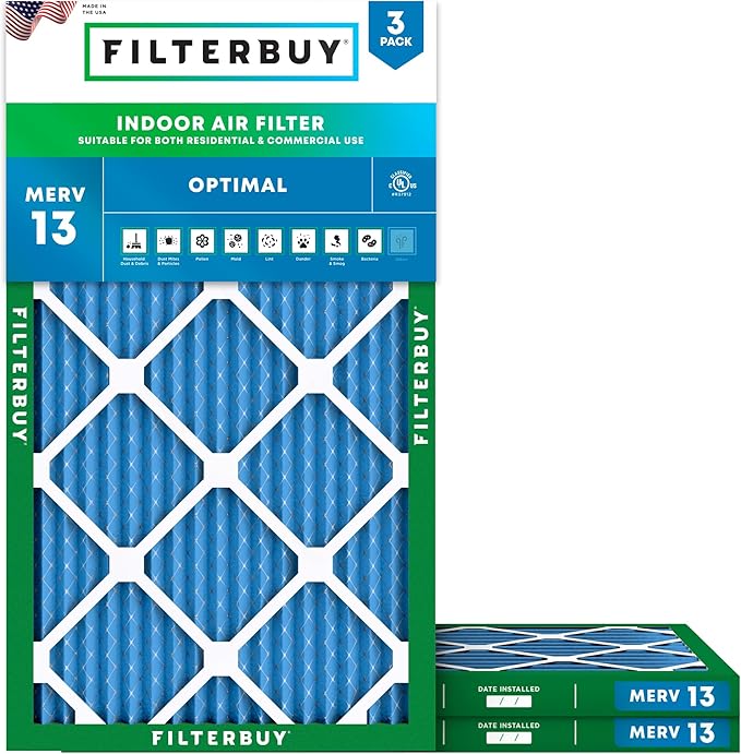 Filterbuy 18x30x1 Air Filter MERV 13 Optimal Smoke & Allergy Defense (3-Pack), Electrostatic Pleated HVAC AC Furnace Filters Replacement, Made in USA (Actual Size: 17.75 x 29.75 x 0.75)