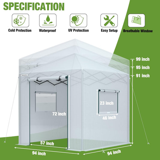 WORKPRO Greenhouse, 94”x 94”x 99” Pop-up Greenhouse for Outdoors , Heavy Duty Gardening House with Sturdy PE Cover, Roll-up Entry Doors and 2 Screen Windows, for Patio, Backyard, Balcony