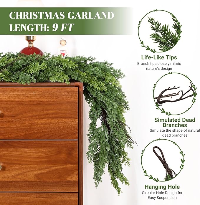 Alupssuc 9FT Christmas Garland, Cedar Garland -Real Touch Artificial Greenery Cypress Pine Garland for Mantle Table Railing Fireplace Indoor & Outdoor Christmas Decoration