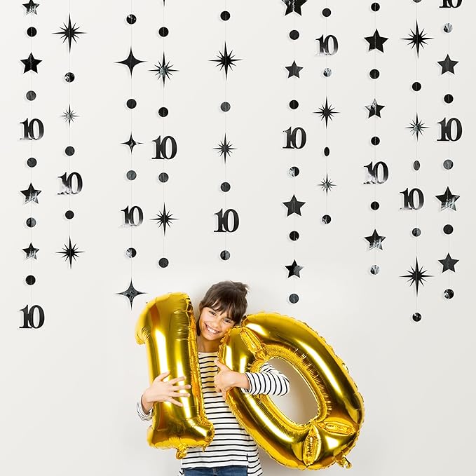 Black 10th Birthday Decorations Number 10 Circle Dot Twinkle Star Garland Metallic Hanging Streamer Banner Backdrop for Girls Boys Double Digits Ten Year Old Birthday 10th Anniversary Party Supplies