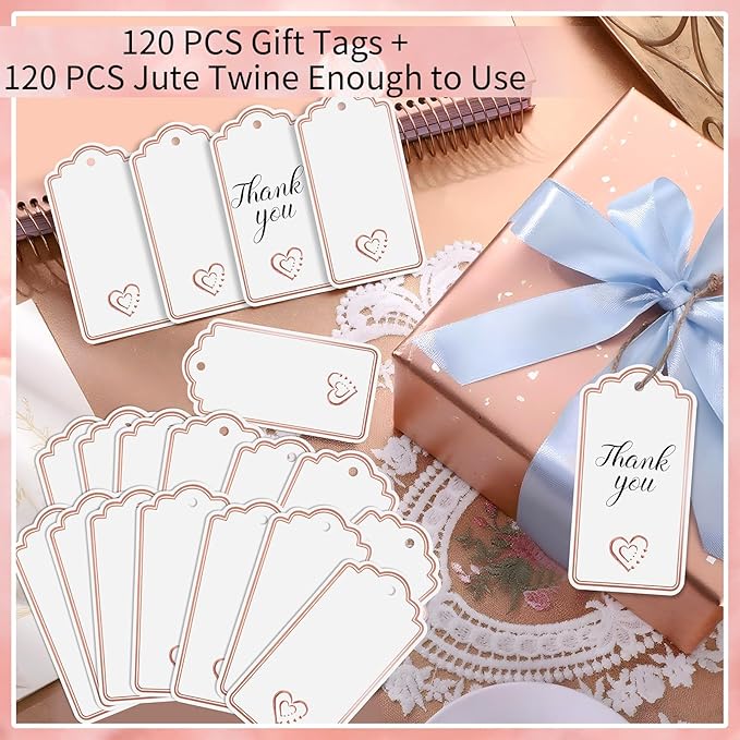120 PCS Gift Tags with String Attached Foil Rose Gold Heart Paper Tags Writable Blank Tag for Gift Bags Wedding Baby Shower Birthday Presents Labeling DIY Craft Project Stocking Stuffers 3.5''×2''