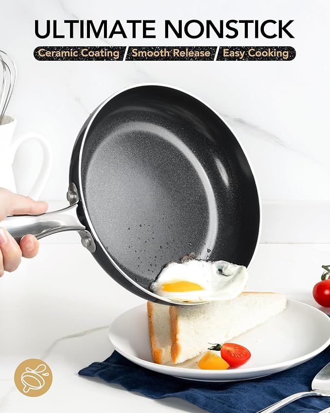 MICHELANGELO Ceramic Frying Pan - 10 Inch Frying Pan Nonstick with Lid, Non-Toxic Skillet with Stainless Steel Handle, Nonstick Skillet, Black