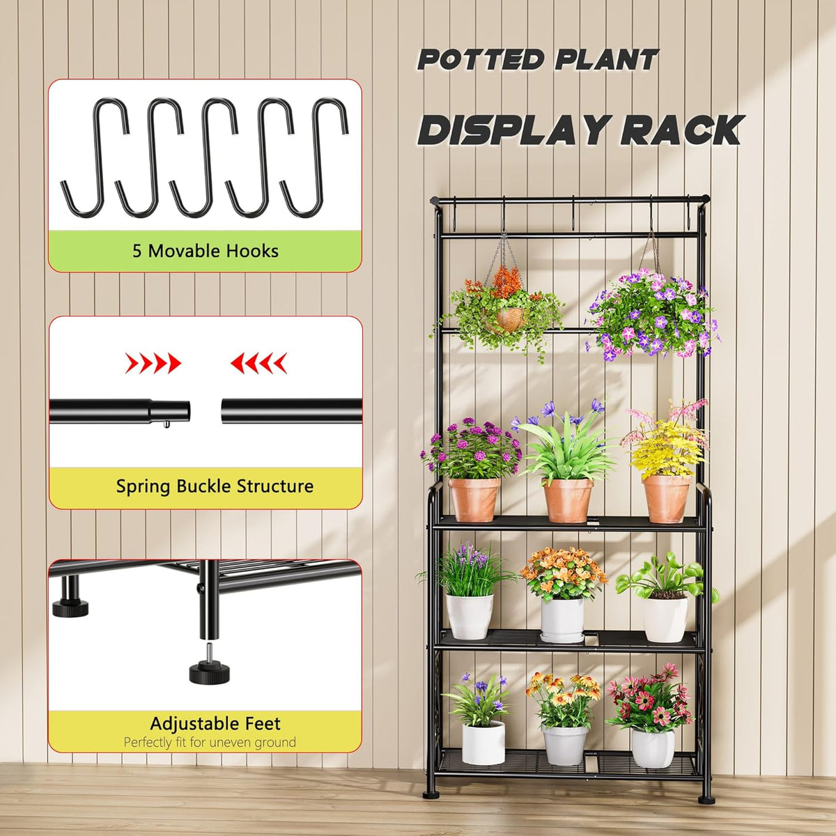 Plant Stand Indoor Outdoor Heavy Duty Metal - 56.4" Tall 3-Tier Shelf for Multiple Plants, Flowers, Rustproof Black Storage Rack for Patio, Balcony, Living Room, Garden, Includes Hooks&Adjustable Feet