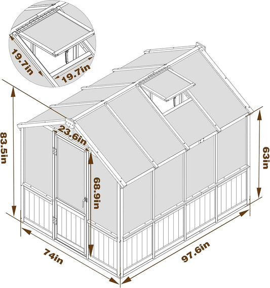 6x8 FT Greenhouse Kit for Outdoor, 6MM Thick Polycarbonate Panel Wooden Walk-in Green House with Lockable Door and Adjustable Roof Vent, Backyard Garden, Light Mocha Brown