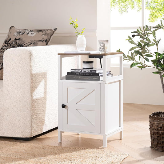 Yoobure Farmhouse NightStand with Charging Station,Wood Night Stand End Table with USB Ports, LED Bed Side Table with Storage Cabinet,Bedside Table for Bedroom, Living Room White