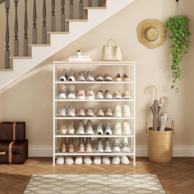 Shoe Rack Organizer 6 Tier for Closet Entryway Free Standing Metal Storage Shoe Shelf with MDF Top Board,White+Oak