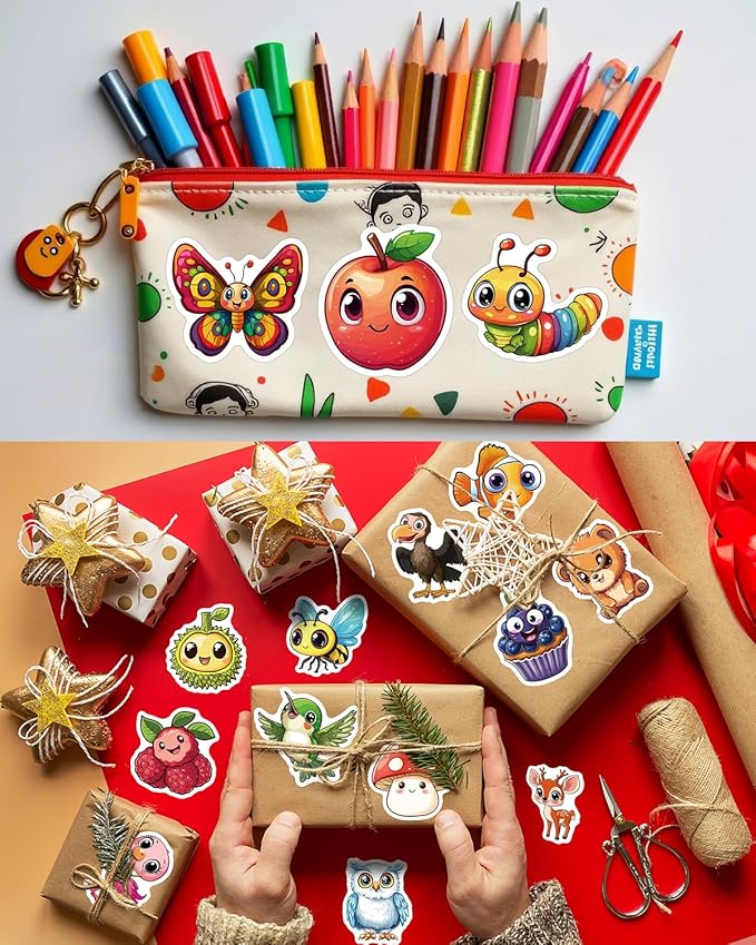 JCFIRE 200PCS Stickers for Kids, Waterproof Cute Mixed Animal Food Vinyl Scrapbook Stickers for Water Bottle, Book, Laptop, Goodie Bags Stuffers Kids Party Favors, Classroom Supplies Must Haves