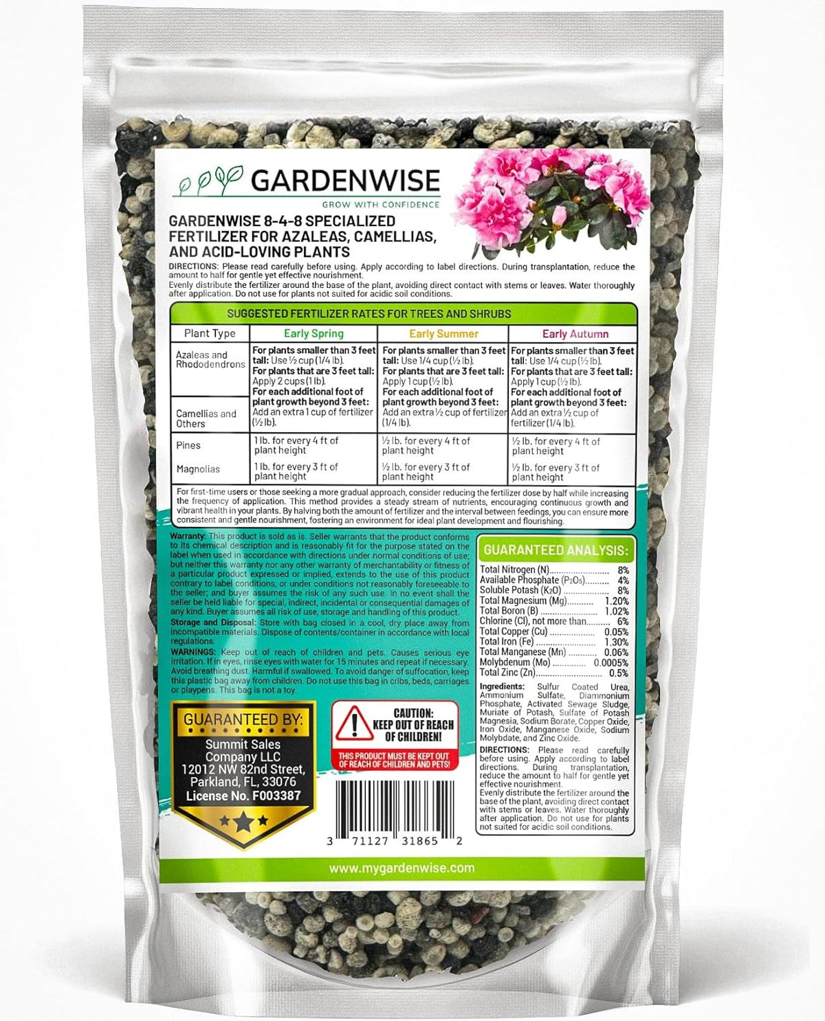 8-4-8 Acidic Fertilizer for Azaleas, Camellias (Camelia), Hydrangeas, Blueberries, Gardenias, Magnolia Trees, Evergreens, and Rhododendrons - Ideal Iron-Rich Plant Food (3 QUARTS)