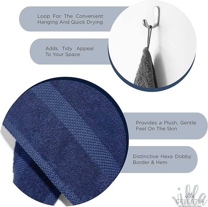 100% Combed Cotton Bathroom Towel Set of 8- 2 Bath Towels, 2 Hand Towels, 4 Wash Cloths, Sustainable, Soft, Highly Absorbent 8 Piece Cotton Bath Towel Set for Hotels, Spa, Bathroom, Dorm, Navy Blue