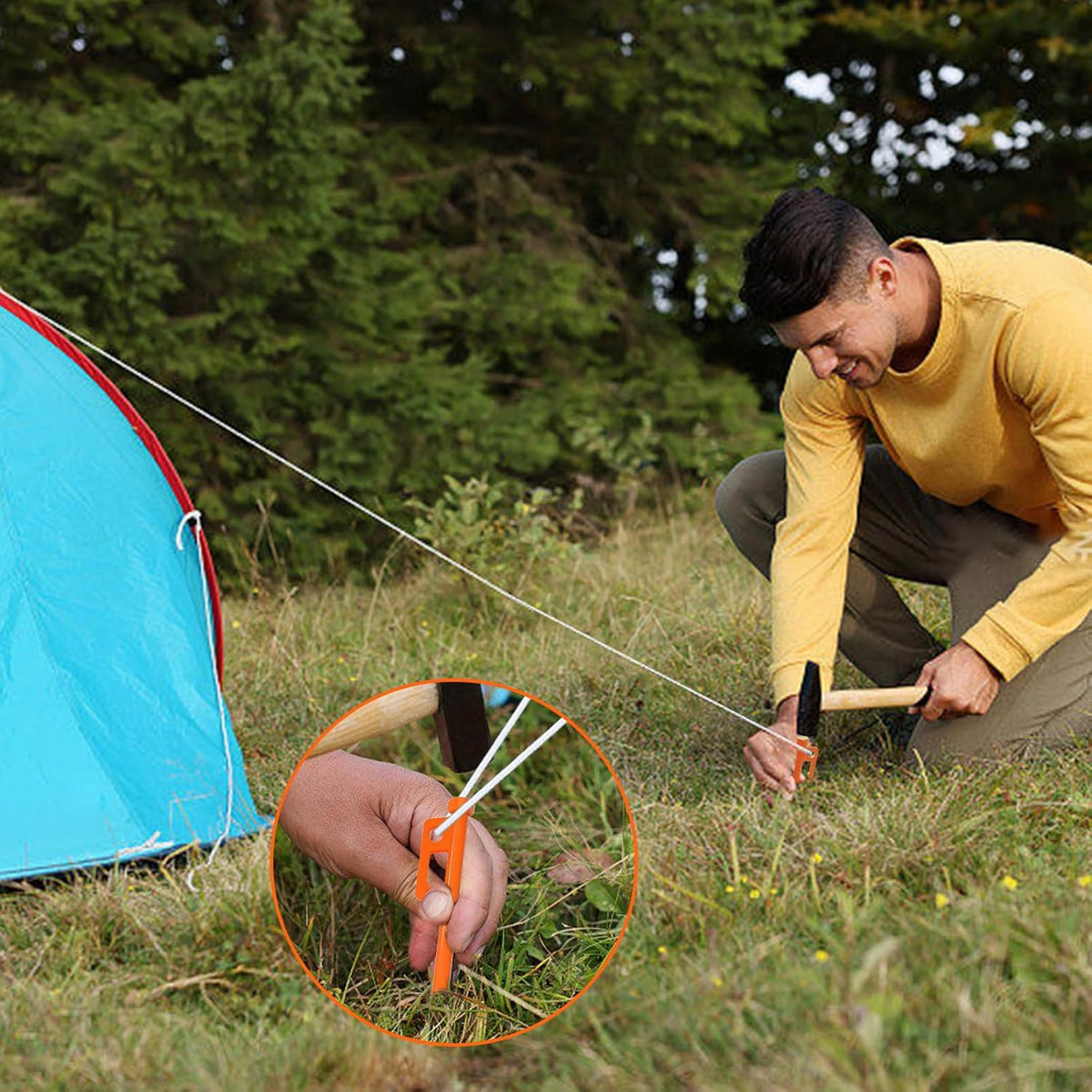 Eurmax USA 10 inch Multiuse Heavy Duty Steel Tent Stakes Tarp Pegs Camping Stakes for Outdoor Camping Canopy and tarp with 4 Ropes 10FT Length,8pcs(Orange)