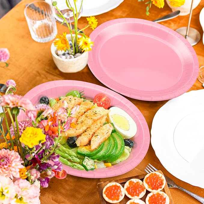 QZYL 50 Pcs Party Decorations, 12.2'' X 10.2'' Oval Large Paper Plates, Pink Disposable Paper Plates, Heavy Duty Paper Plates for Children's Birthday Party Wedding Picnic Baby Shower Barbecue Holiday