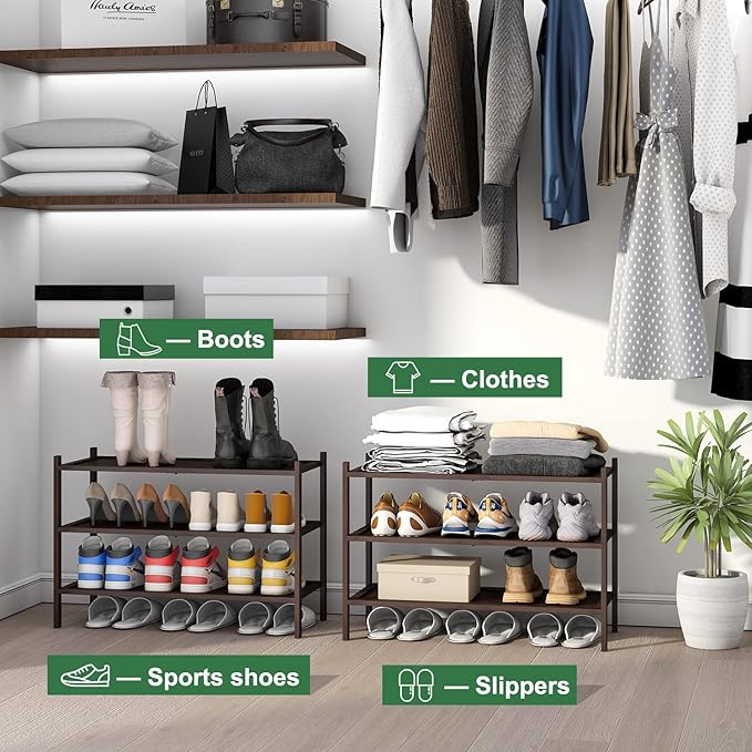 Bamboo Shoe Rack for Entryway, 3-Tier Stackable | Foldable | Natural, Shoe Organizer for Hallway Closet, Free Standing Shoe Racks for Indoor Outdoor