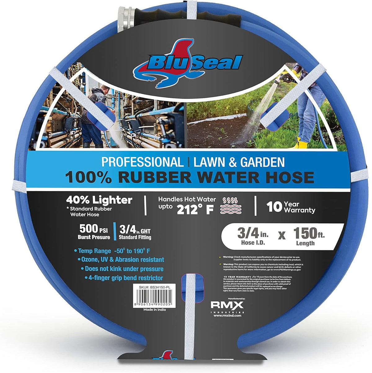 BluSeal Hot/Cold Water Rubber Garden Hose, 100% Rubber, Ultra-Light, Super Strong, 500 PSI, 50F to 190F Degrees, High Strength Polyester Braided (3/4" x 150)