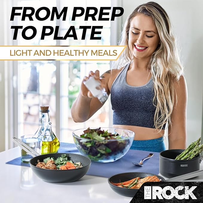 THE ROCK Single Serve Nonstick Pots and Pans Set, 6pc Portion Control Cookware Set with Rock.Tec, Scratch/Stain/Crack Proof, Oven & Dishwasher Safe, Perfect for Dorm, Camping & Small Kitchens, Black