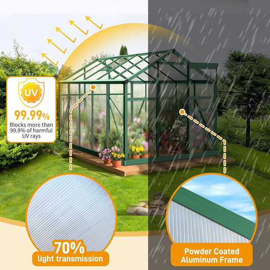VINGLI Greenhouse, 6x10 FT Heavy Duty Polycarbonate Greenhouse with 5 Roof Vents, Aluminum Frame, Sliding Doors, Green