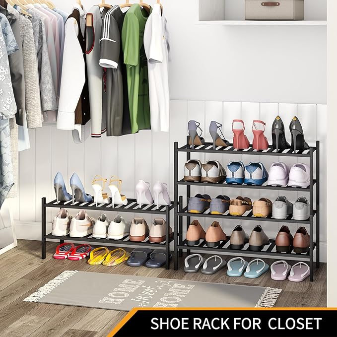 4-Tier Bamboo Shoe Rack for Entryway, Stackable | Heavy Duty | Multi-Function, Free Standing Shoe Racks for Bedroom Hallway Closet(Black)