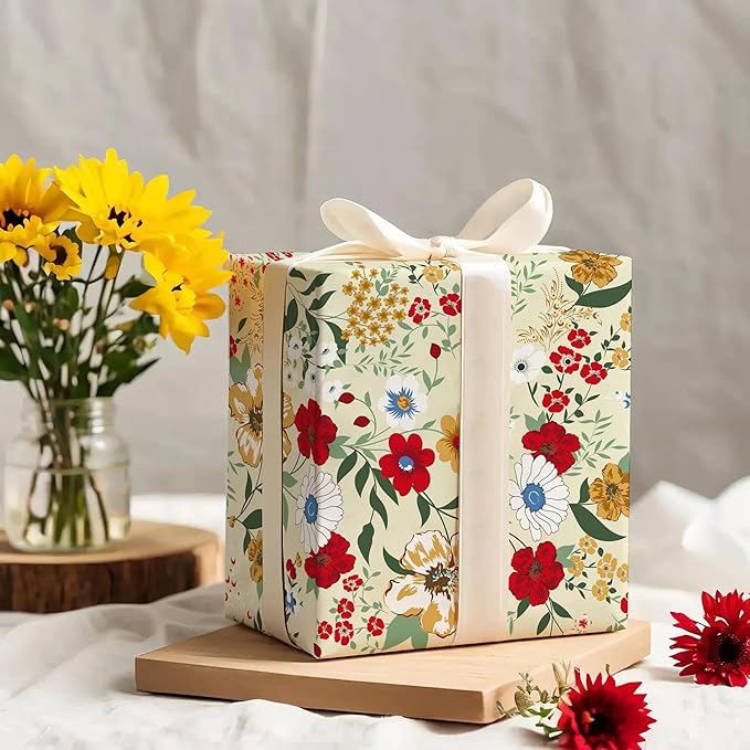 WRAPAHOLIC Floral Wrapping Paper Roll - Mini Roll - 17 Inch x 9.8 Feet - Wild Flower Wrapping Paper, Perfect for Girls Women Birthday, Wedding, Bridal Shower