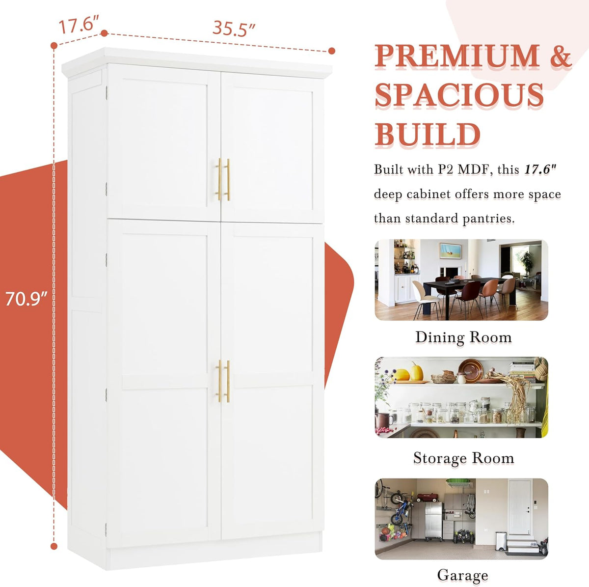 71" Kitchen Pantry Storage Cabinet, Freestanding Farmhouse Pantry Cabinet with 4 Doors, 2 Door Shelves, 8 Pull-Out Trays and Adjustable Shelf for Kitchen, Dining Room (White)