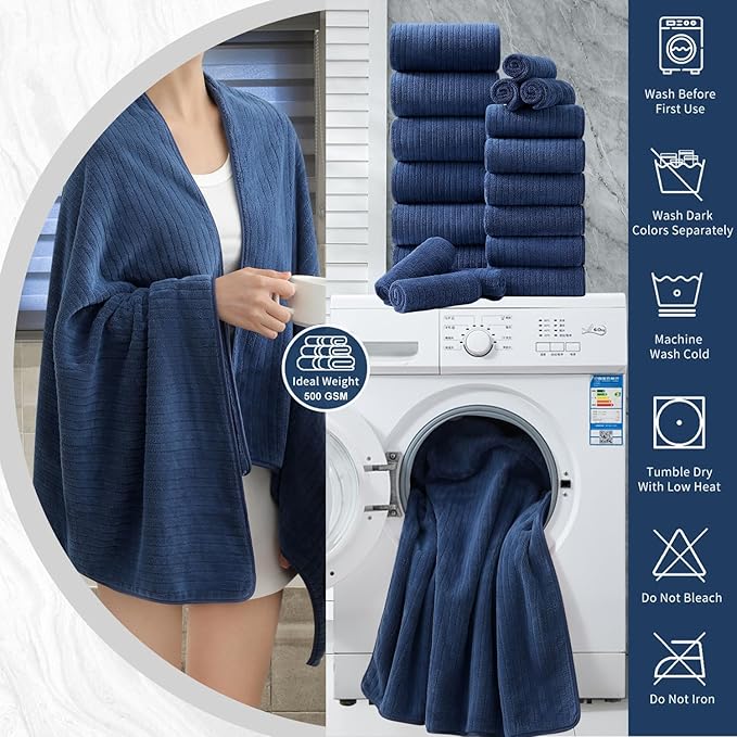 18 Piece Bath Towels Set,Soft Family Bathroom Towel Set with Hanging Loops-6 Bath Towels,6 Hand Towels,6 Washcloths,Highly Absorbent Quick Dry Shower Towel for Bathroom,Hotel,Spa-Navy Blue Towel Set