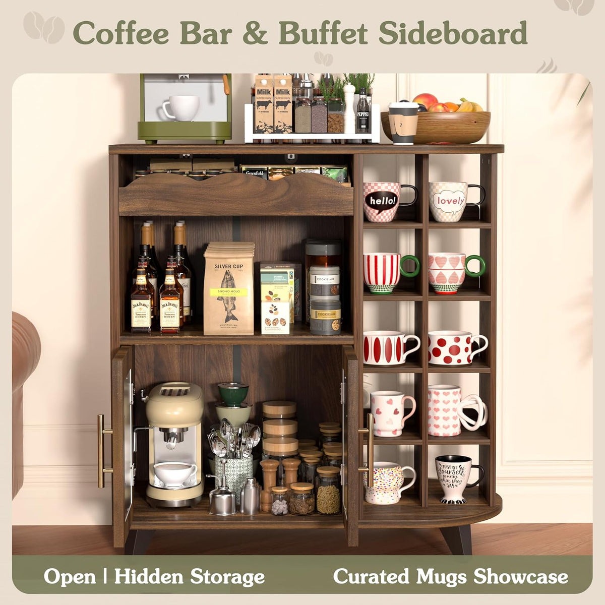 VINAEMO Coffee Bar Cabinet with 24-Cup Display, Large Drawer & Storage,Modern Buffet Sideboard for Kitchen, Medium Wooden Bar Station for Apartment,Walnut