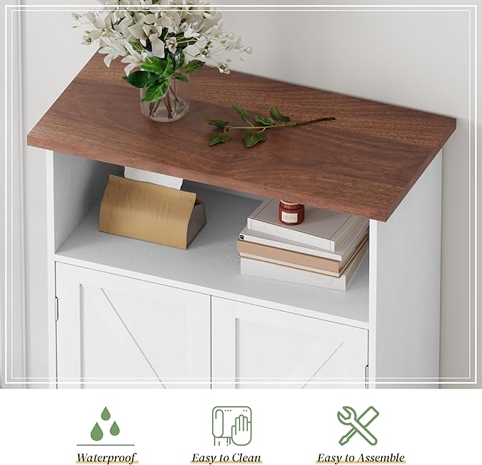 Smuxee Freestanding Cabinet Organizer, Farmhouse Style with Barn Door and Adjustable Shelf, White, for Bathroom, Kitchen, Living Room