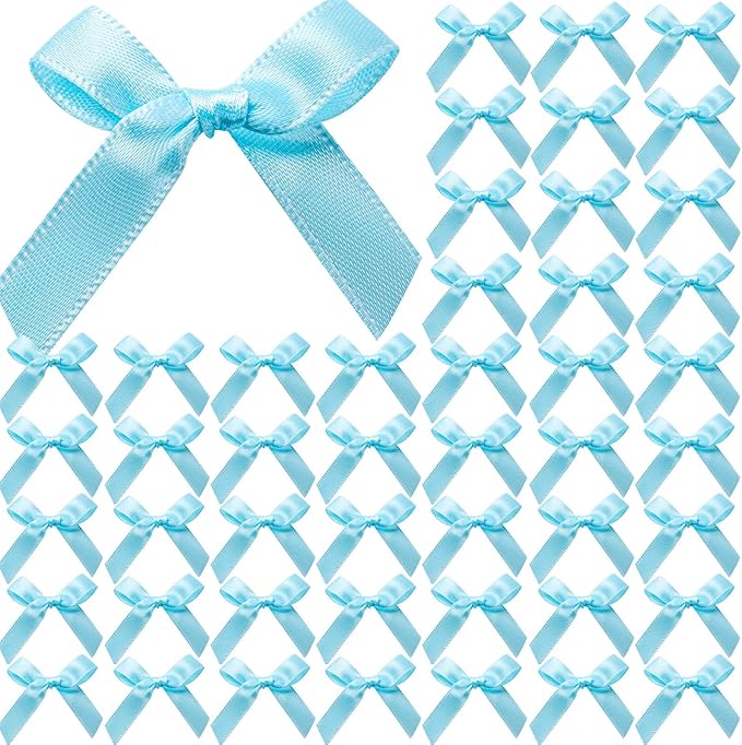 YGDZ 50 PCS Mini Blue Bows, Light Blue Satin Ribbon Bows, Small Bows for Crafts, Tiny Bow for Baby Shower, Party Decorations, Balloon, Gift Box Packaging