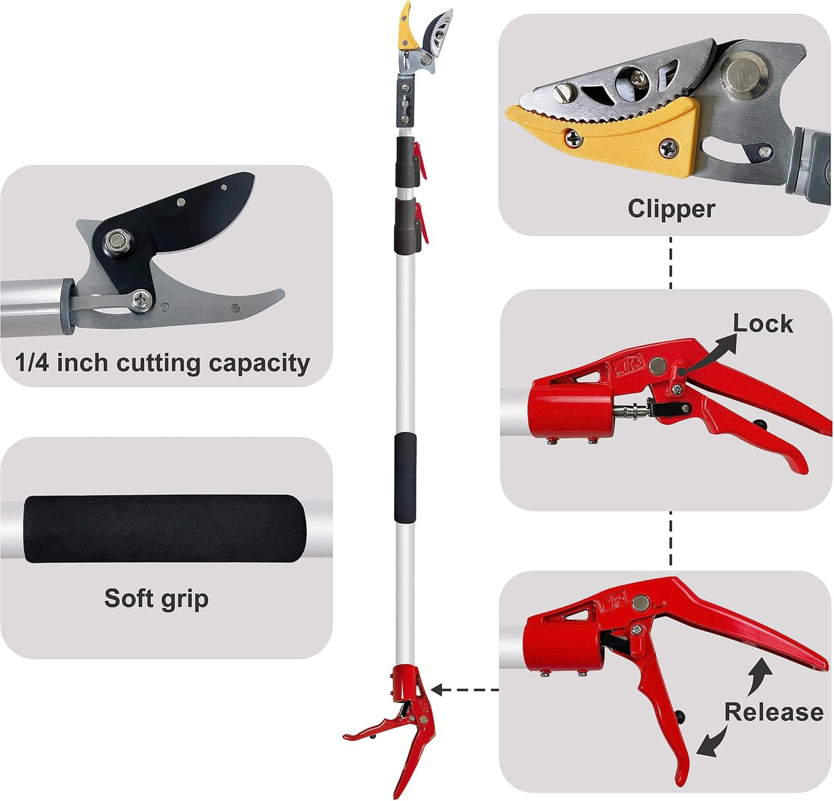 Telescopic Tree Trimmer 4.5-10 FT with 3 Section Length Adjustable, Cut and Hold Pruner, Pole Saw Extendable, Long Handle Fruit Picker, Branch Cutter, Clippers, Loppers