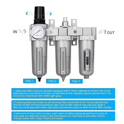 NANPU 3/4" NPT Industrial Grade 3 Stage Air Drying System - Particulate Filter, Coalescing Filter, Desiccant Dryer & Air Regulator, Metal Bowl, Auto Drain, Suitable for Paint Spray& Plasma Cutter