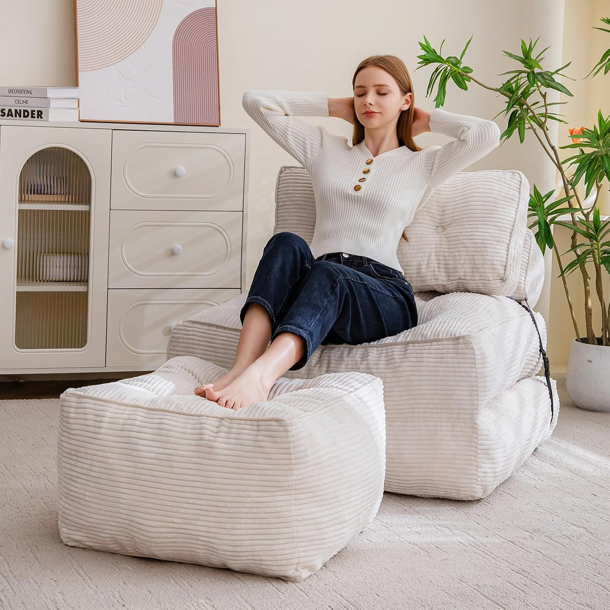 HIGOGOGO Square Stuffed Pouf Ottoman, Corduroy Poufs with Foam Chunk Filling, Furry and Fluffy Pouf Foot Stool Storage Ottoman, 21 X 21 Floor Poufs Foot Rest for Living Room, Beige