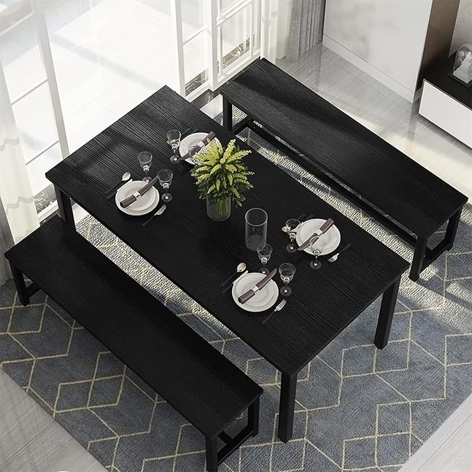 Dining Room Table Set with 2 Benches, Farmhouse Dining Table Set for 4-6, Wood Breakfast Table Set Dinner Table Set Kitchen Table and Chairs for Breakfast Nook Small Spaces, Black