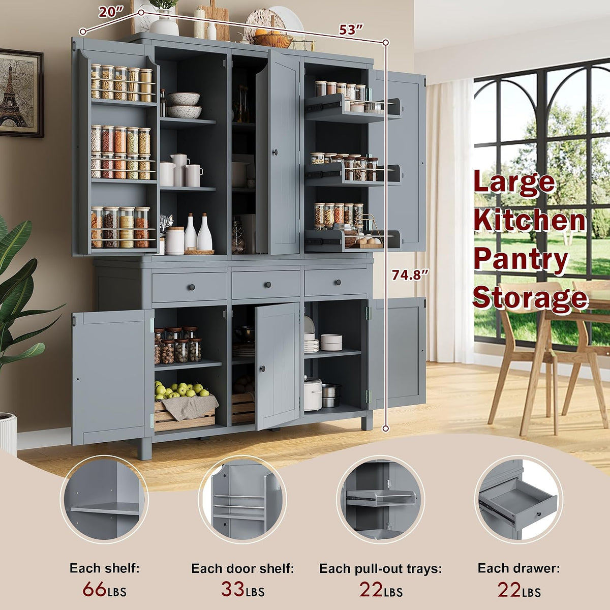 Pantry Storage Cabinet with Door Shelves and Drawers, Freestanding Tall Cupboard with Adjustable Shelves and Pull-Out Trays (Gray)