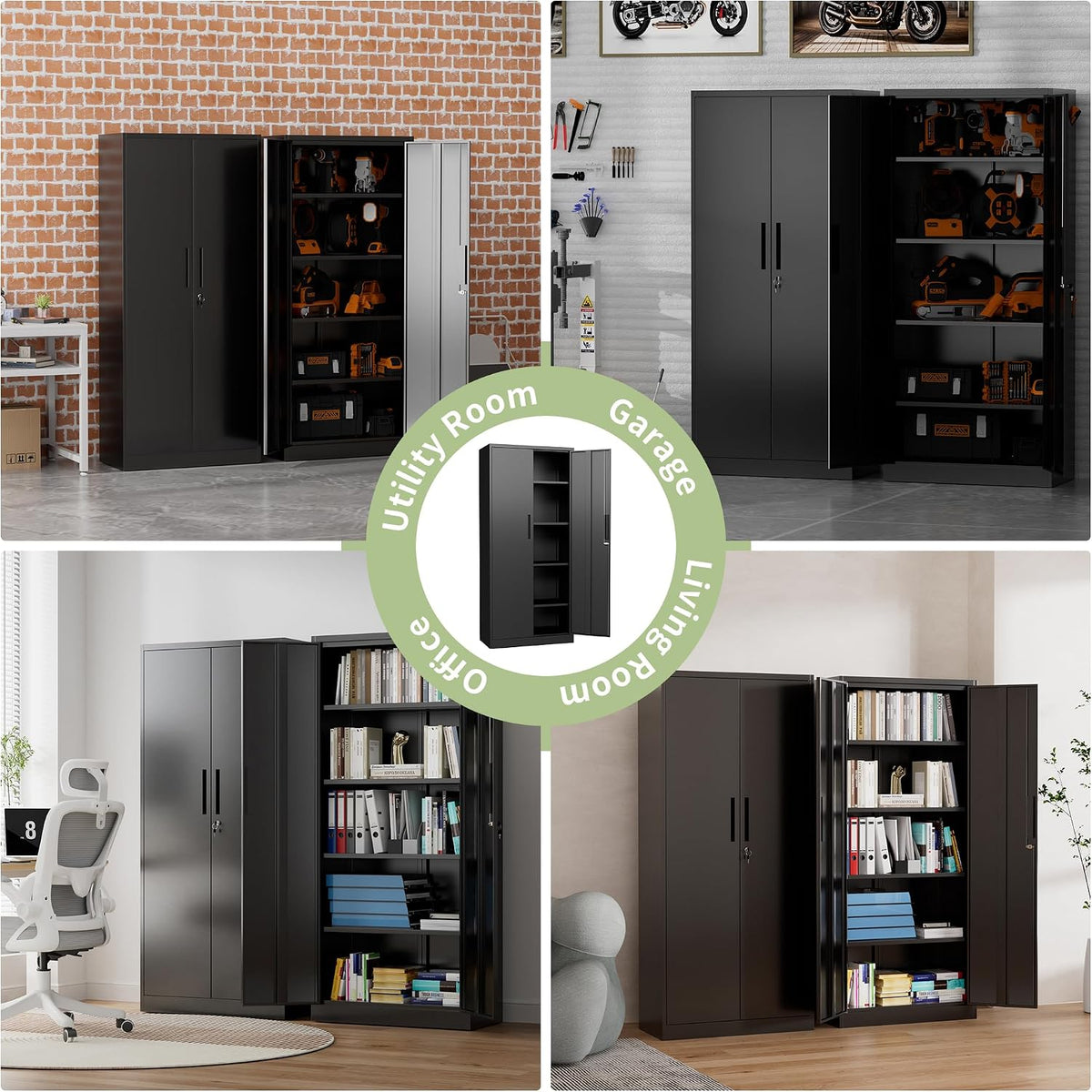 Metal Storage Cabinet, 72" H Garage Storage Cabinet with Doors and Adjustable Shelves, Heavy Duty Locking Tool Cabinet Utility Cabinets for Home Office, Garage, Warehouse, School (Black)