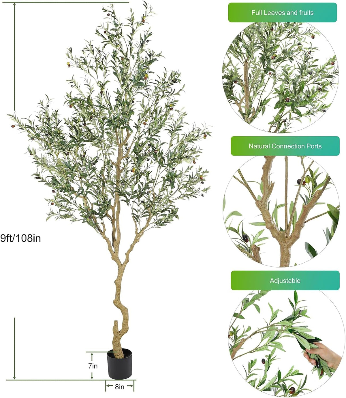 Tall Faux Olive Tree,9ft(108in) Realistic Potted Silk Artificial Olive Tree, Fake Olive Trees Indoor with Green Leaves and Big Fruits for Home Office Living Room Stairs Patio Decor.