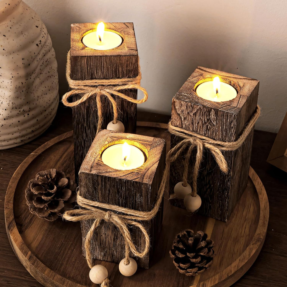 MelonBoat Rustic Wood Candle Holders: Farmhouse Candle Holders with Battery Operated Candles,Rustic Farmhouse Decor, Flameless LED Candles 3-Pack for Living Room Party Holiday Home Decor