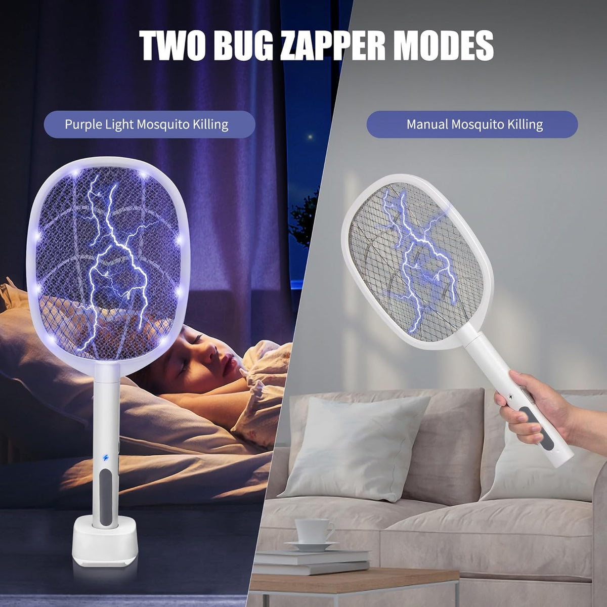 Lulu Home 2-in-1 Electric Bug Zapper Racket, 2 Pack 3000V High Voltage LED Lighted Handheld Mosquito Swatter with 3 Layer Safety Mesh, USB Charging Portable Fly Killer Racquet