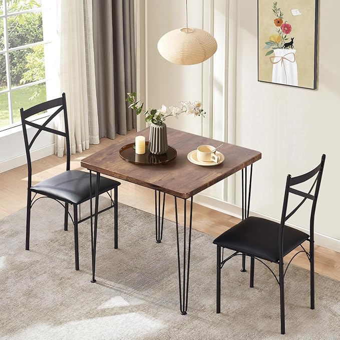 VECELO 3-Piece Dining Room Kitchen Table and Pu Cushion Chair Sets for Small Space, 2, Classic Brown,Dining Set for 2
