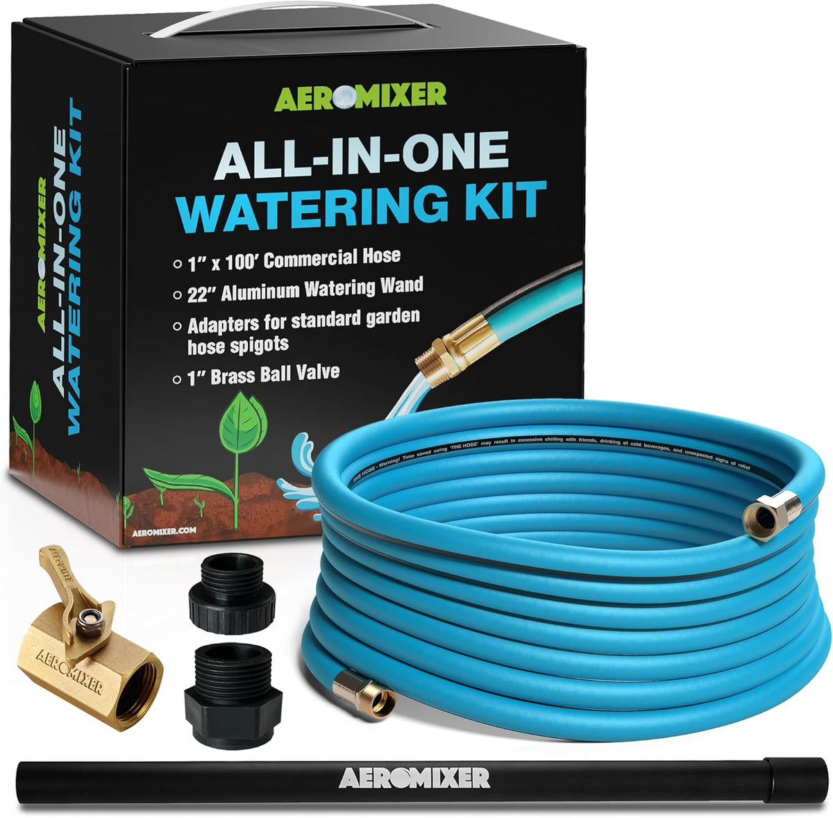 Aeromixer THE HOSE: All-In-One Watering Kit - Heavy Duty 1" 100 Ft Garden Hose, Kinkless Garden Hoses, Commercial Grade Water Hoses, 650 PSI High-Pressure Watering Tool for Farming and Gardening