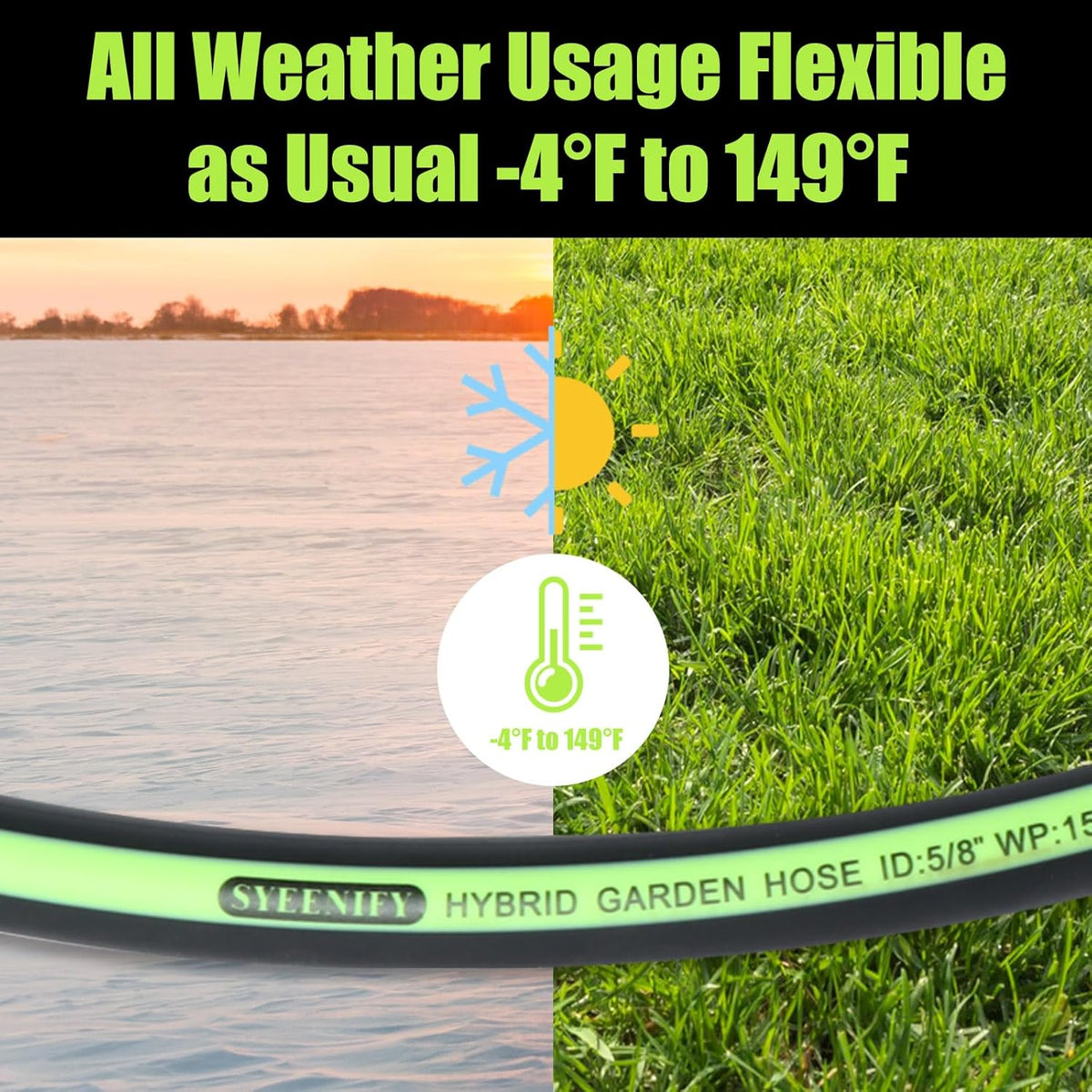 SYEENIFY Kink Free Garden Hose 50ft 5/8", Heavy Duty Hybrid Water Hose, Ultra Durable Flexible Rubber Hose with Sprayer Nozzle,Leakproof Yard Outdoor Hose with Brass Solid Connector