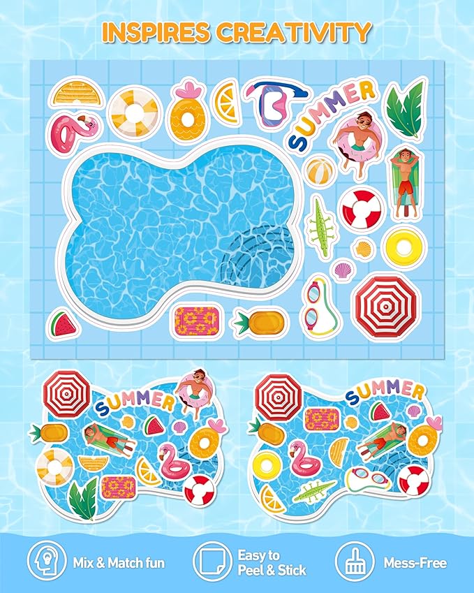 Aowplc 32 Sheets Make‑a‑Pool Stickers for Kids – Mix & Match Craft Kit – Summer Party Favors & Activities