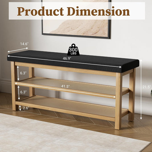 2 Tier Shoe Rack Bench with Cushion, Rubberwood Shoe Benches, Mid-Century Modern Shoe Storage Bench for Entryway, Hallway, Living Room, Closet, Front Door Entrance, Black